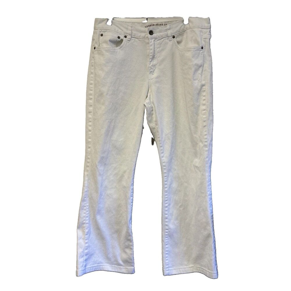 Ralph Lauren Women Cotton Blend White Modern Bootcut Stretch Jeans 14 Zip Logo